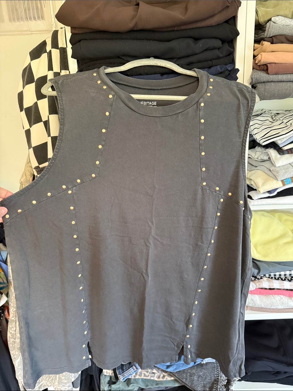 Heritage Charcoal Muscle Tee with Gold Stud Accents